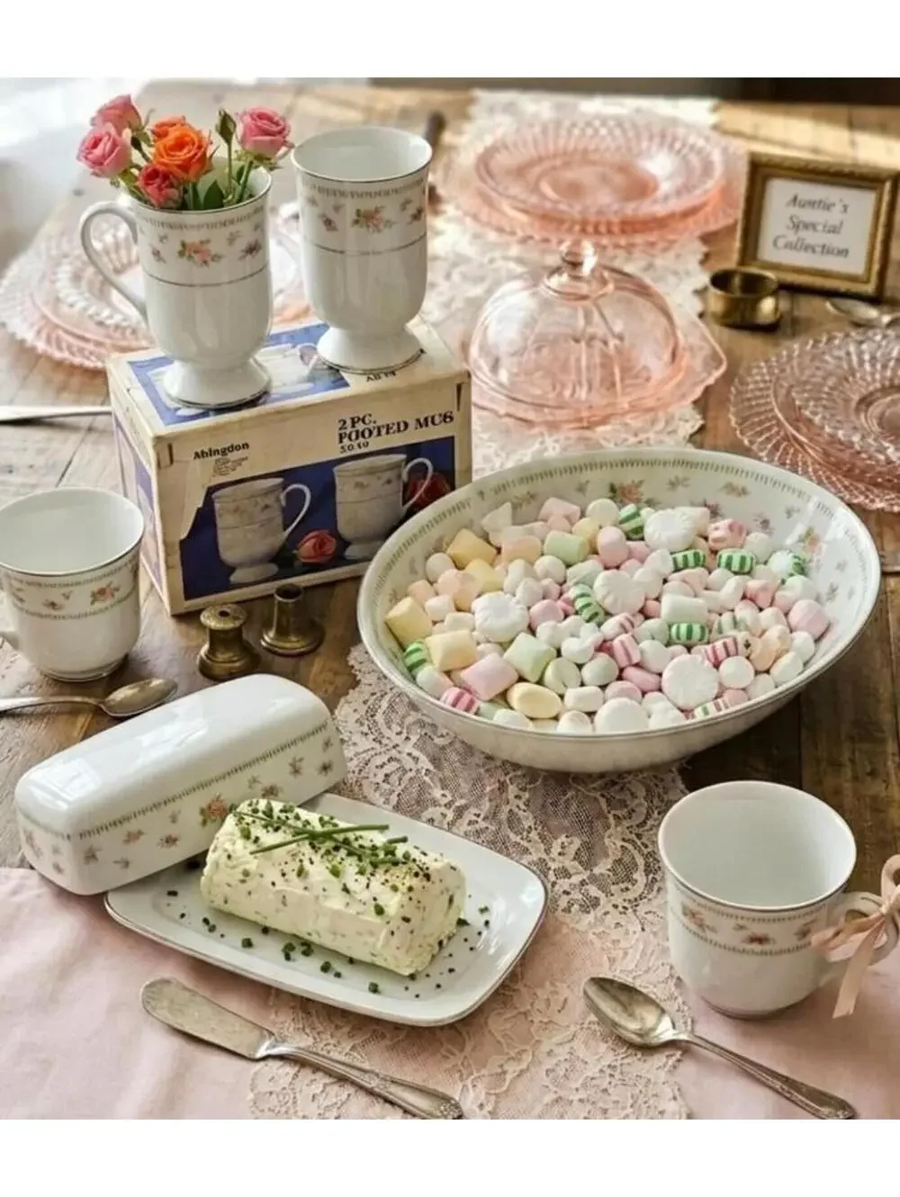 Abingdon Floral Pink Green Shower Setup Kit 6pc Hostess Set Mug Butter Dish Bowl